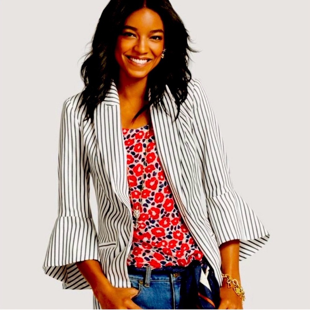 CAbi Navy Blue and White Striped Blazer